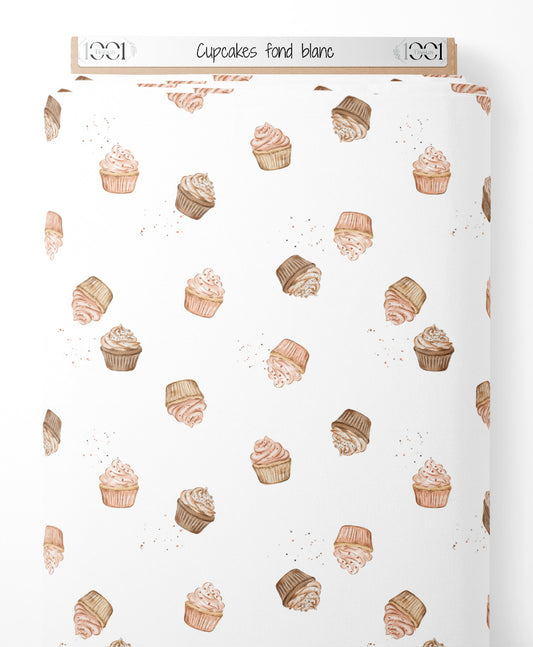 Tissu - Cupcakes sur fond blanc