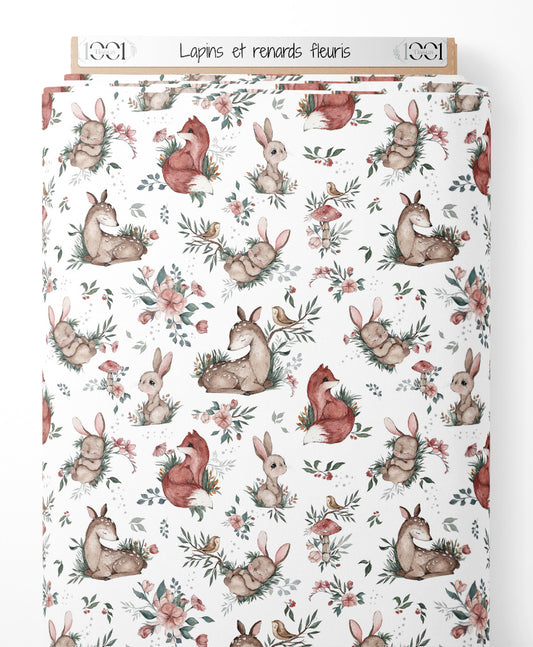 Tissu - Lapins et renards fleuris