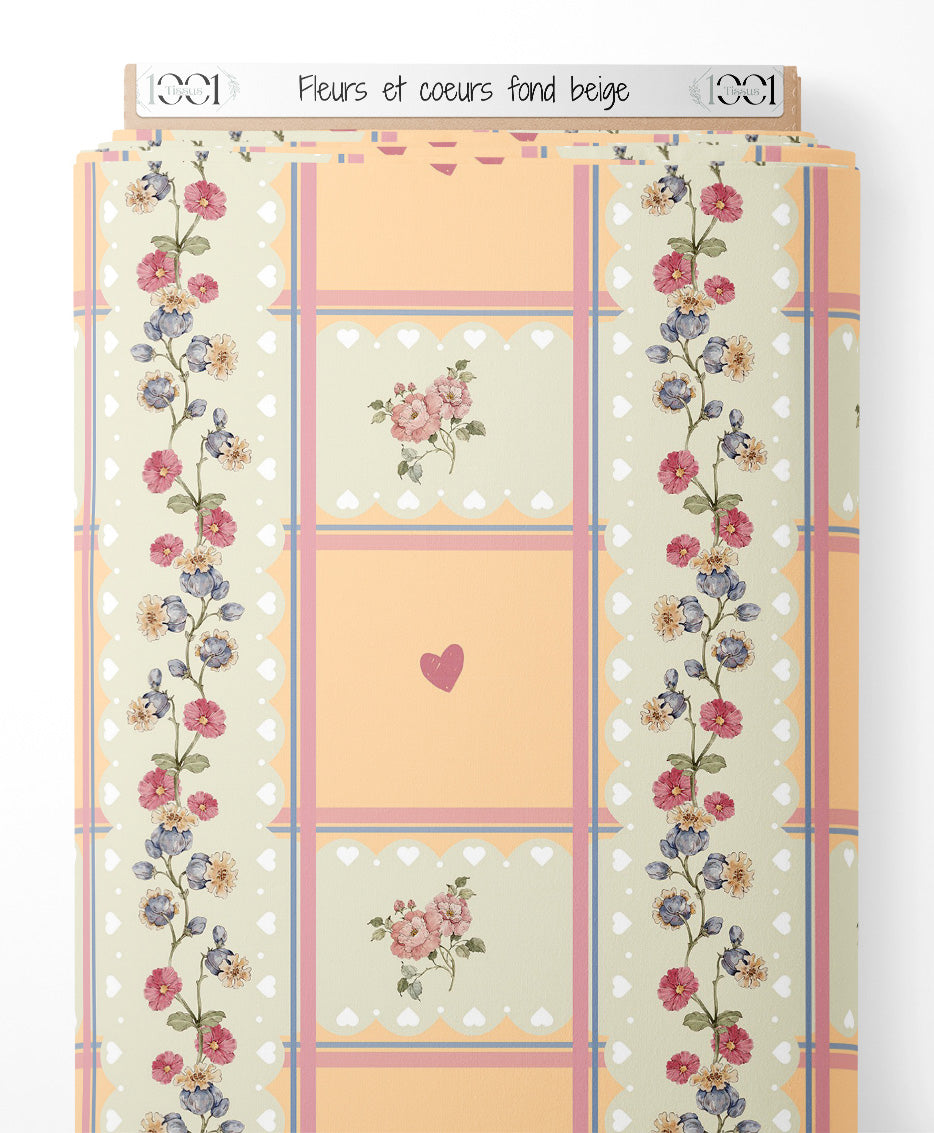 Tissu - Fleurs et cœurs sur fond beige