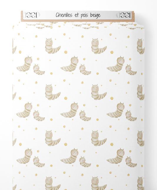 Tissu - Chenilles et pois beige