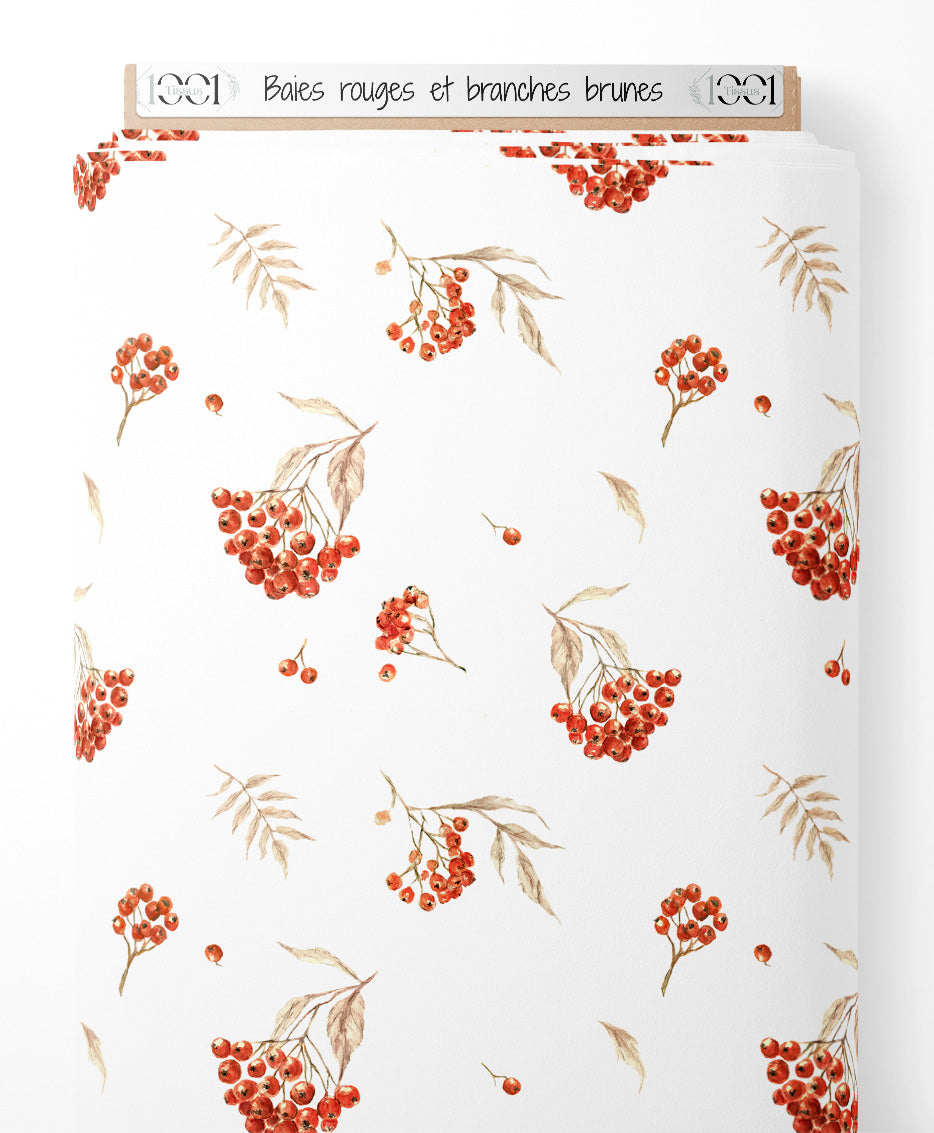Tissu - Baies rouges et branches brunes
