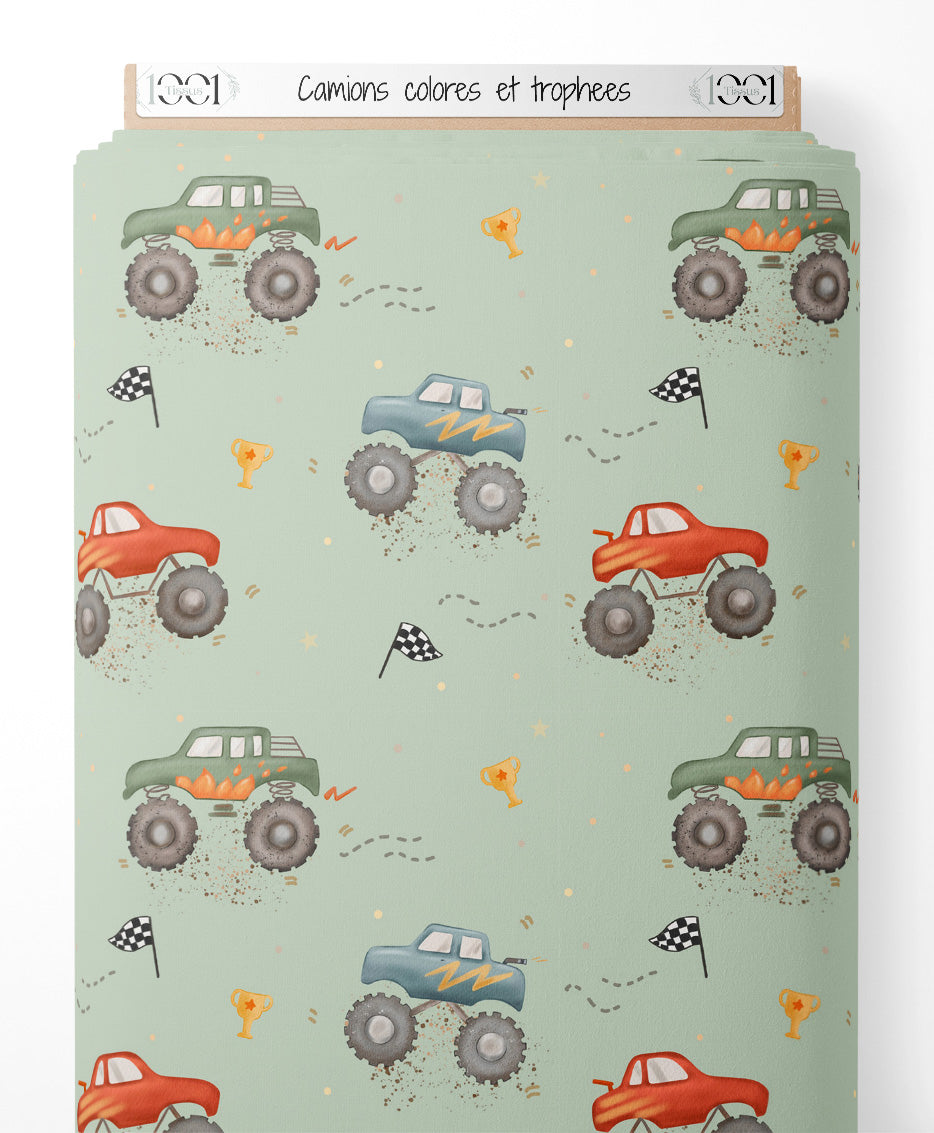 Tissu - Camions colorés et trophées