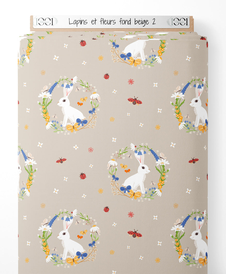 Tissu - Lapins et fleurs sur fond beige 2