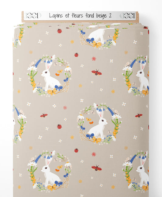 Tissu - Lapins et fleurs sur fond beige 2