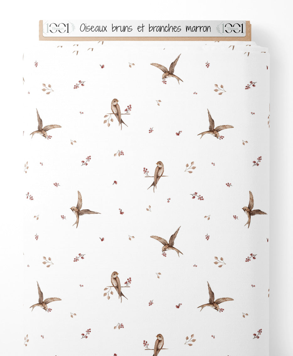 Tissu - Oiseaux bruns et branches marron