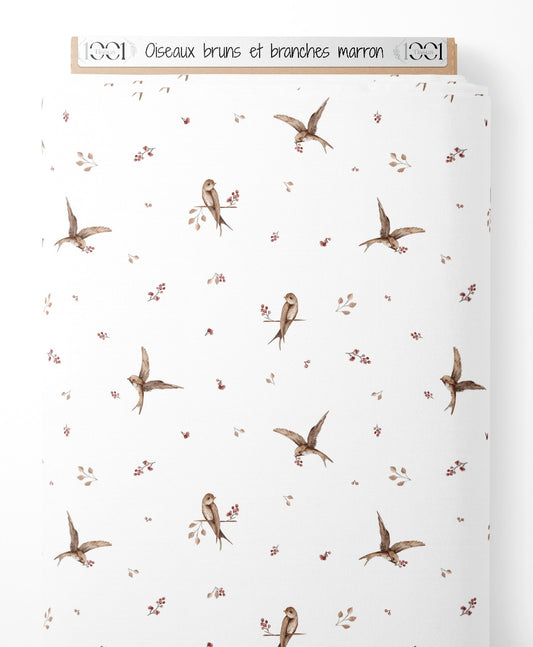 Tissu - Oiseaux bruns et branches marron