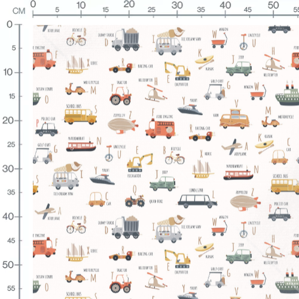 Tissu - Véhicules pastel sur blanc 2