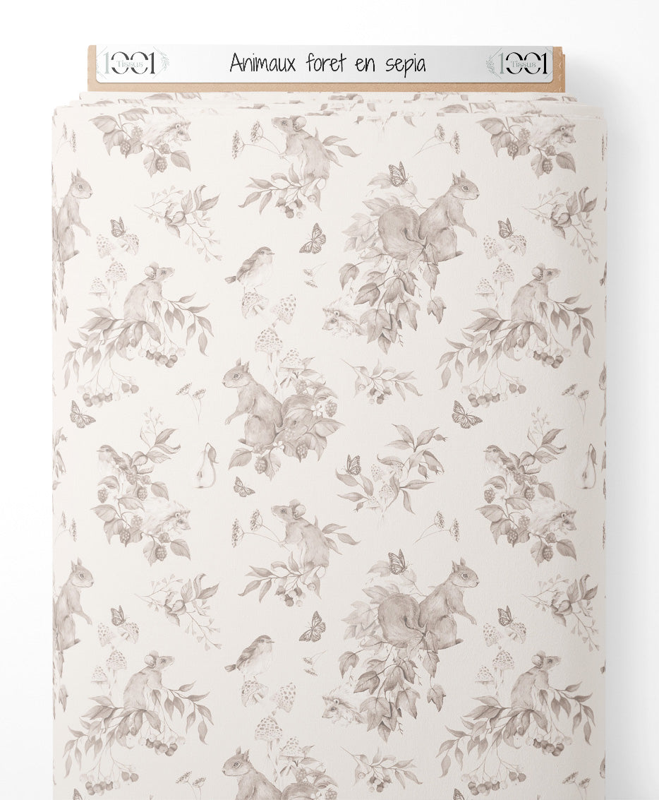 Tissu - Animaux forêt en sépia