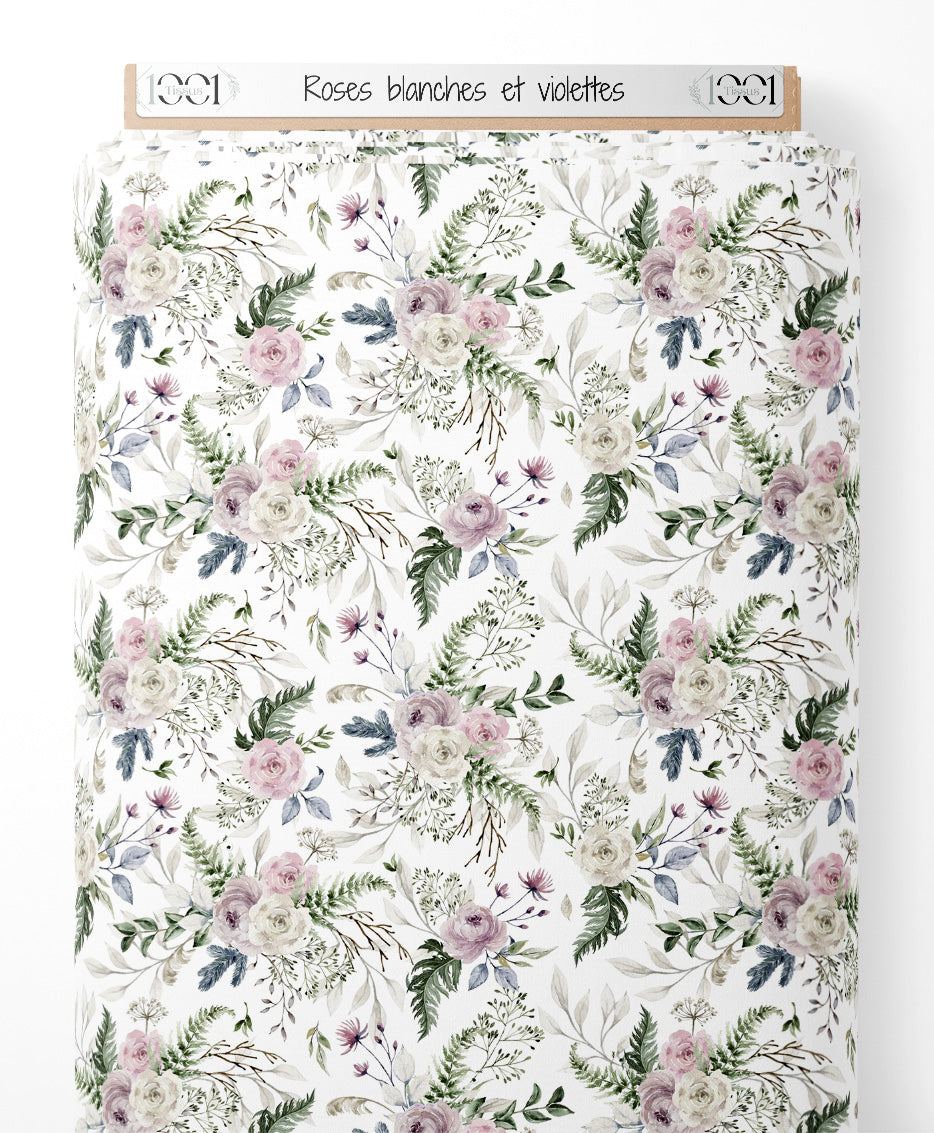Tissu - Roses blanches et violettes