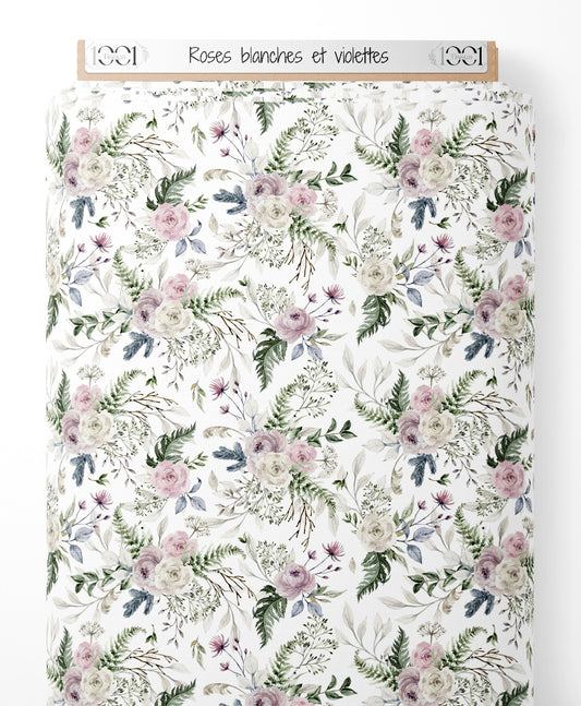 Tissu - Roses blanches et violettes