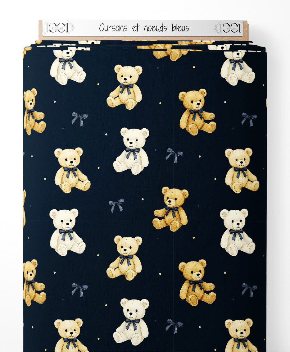 Tissu - Oursons et nœuds bleus