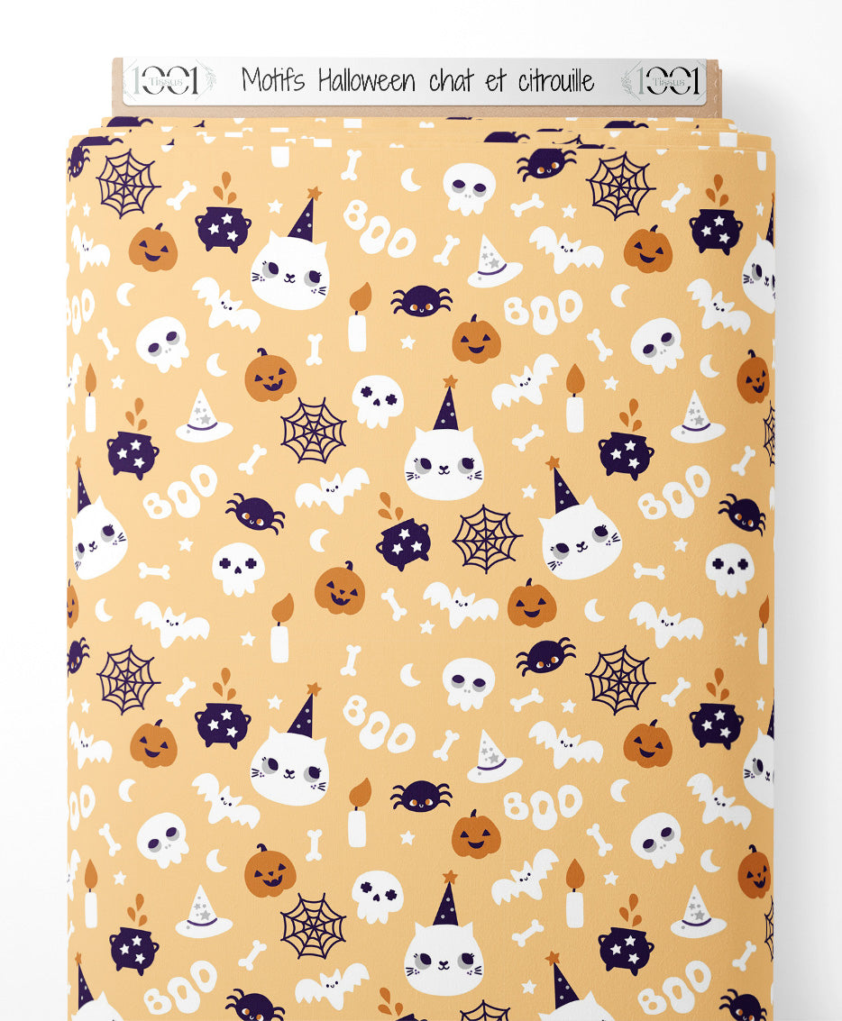 Tissu - Motifs Halloween chat et citrouille