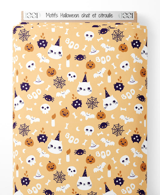 Tissu - Motifs Halloween chat et citrouille