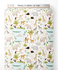 Tissu - Animaux et palmiers sur blanc