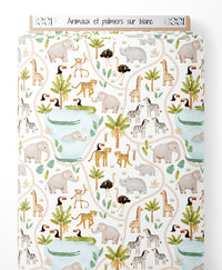 Tissu - Animaux et palmiers sur blanc