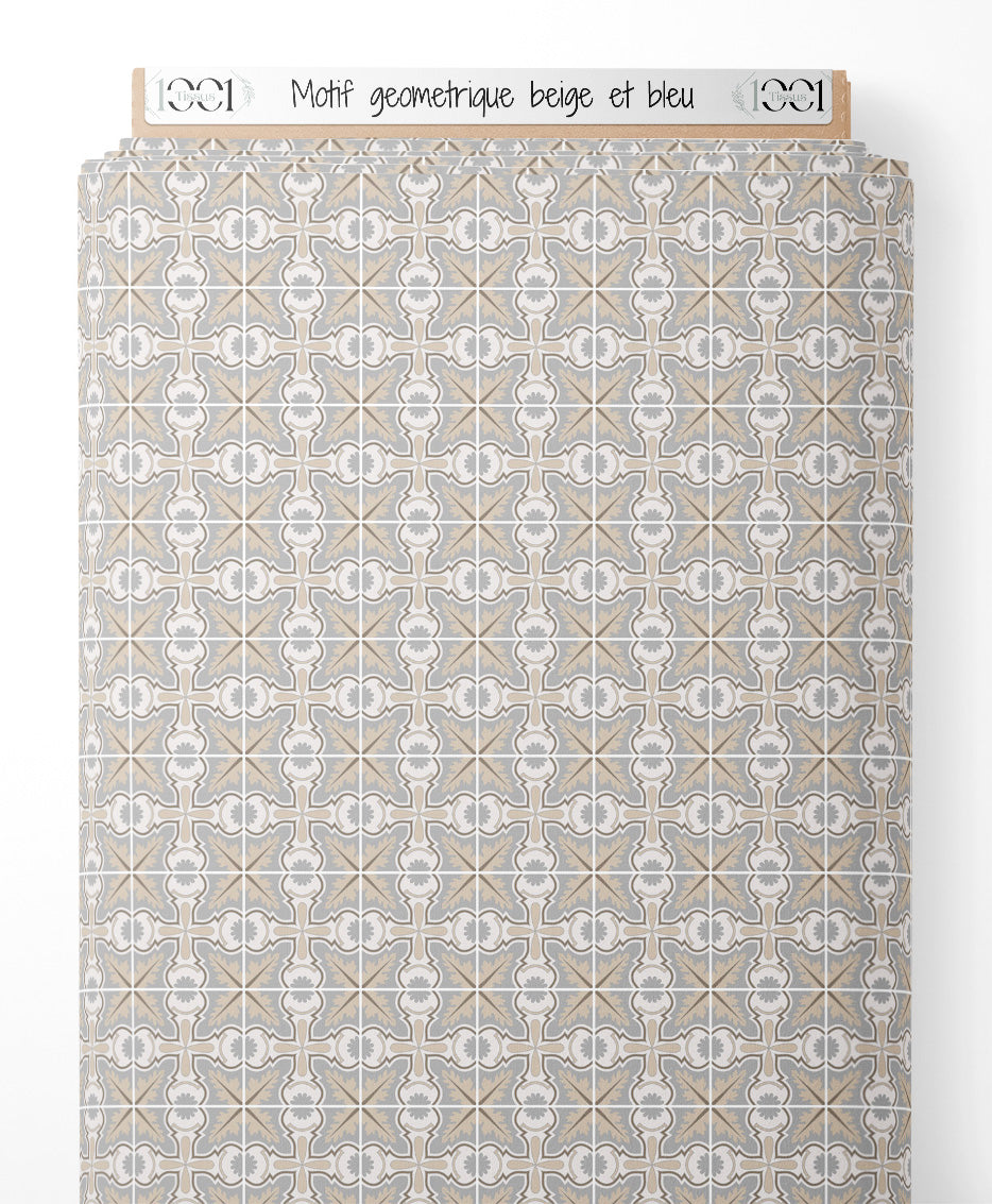 Tissu - Motif géométrique beige et bleu