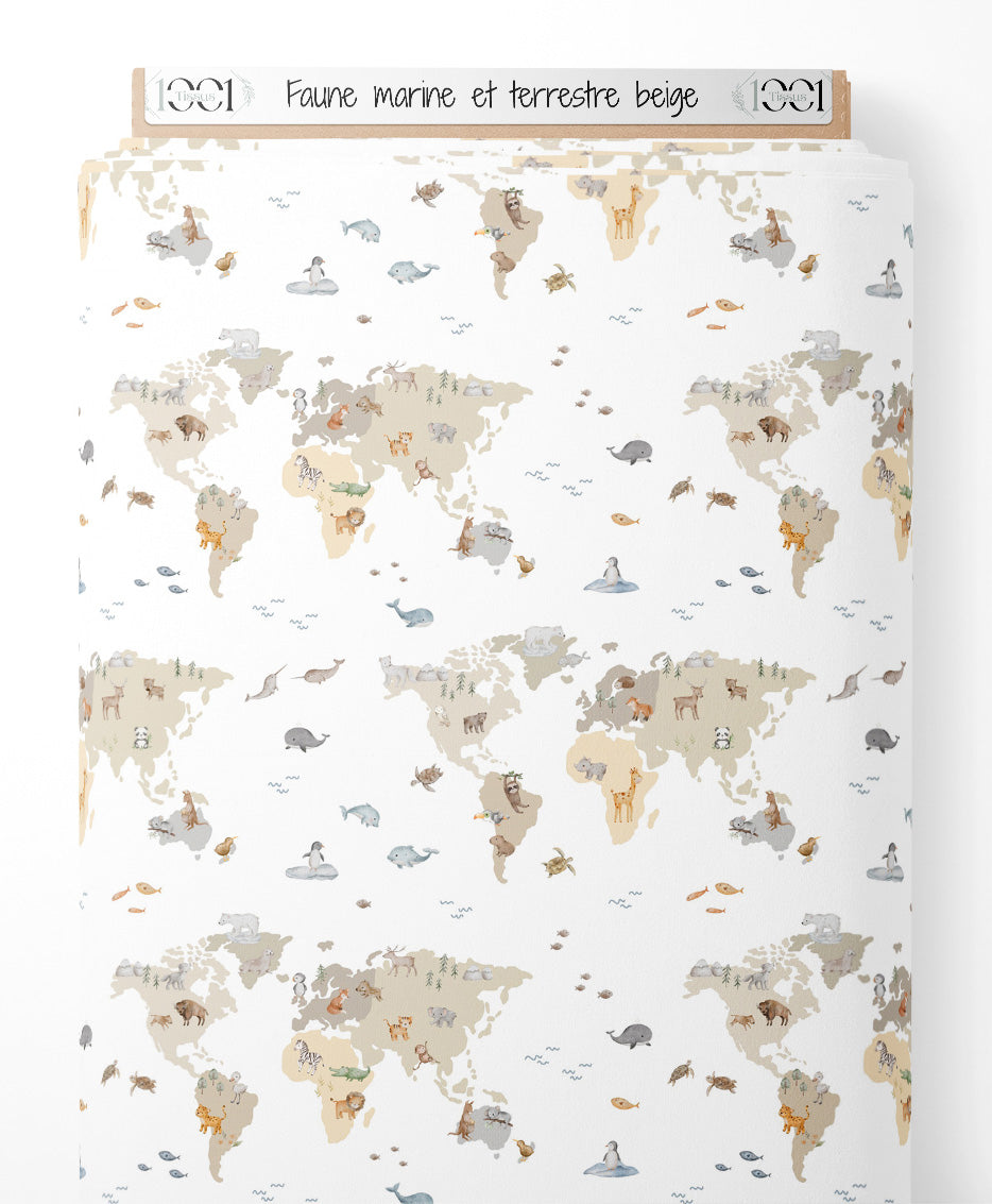 Tissu - Faune marine et terrestre beige