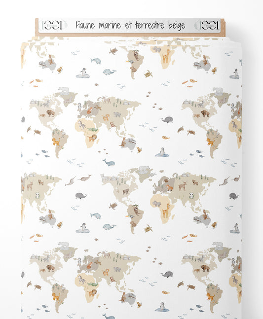 Tissu - Faune marine et terrestre beige
