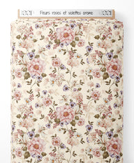 Tissu - Fleurs roses et violettes crème