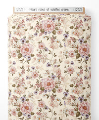Tissu - Fleurs roses et violettes crème