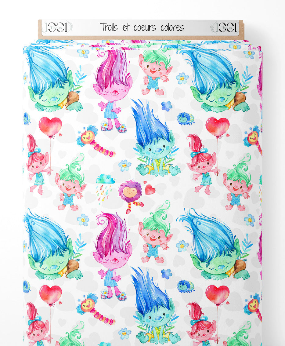 Tissu - Trolls et cœurs colorés