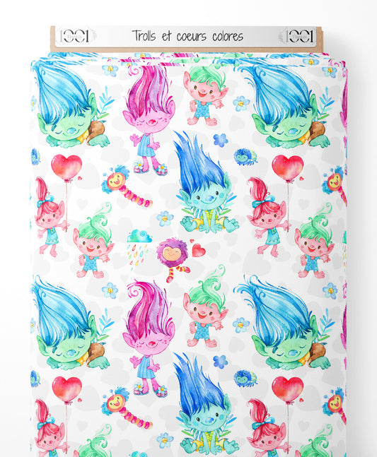 Tissu - Trolls et cœurs colorés