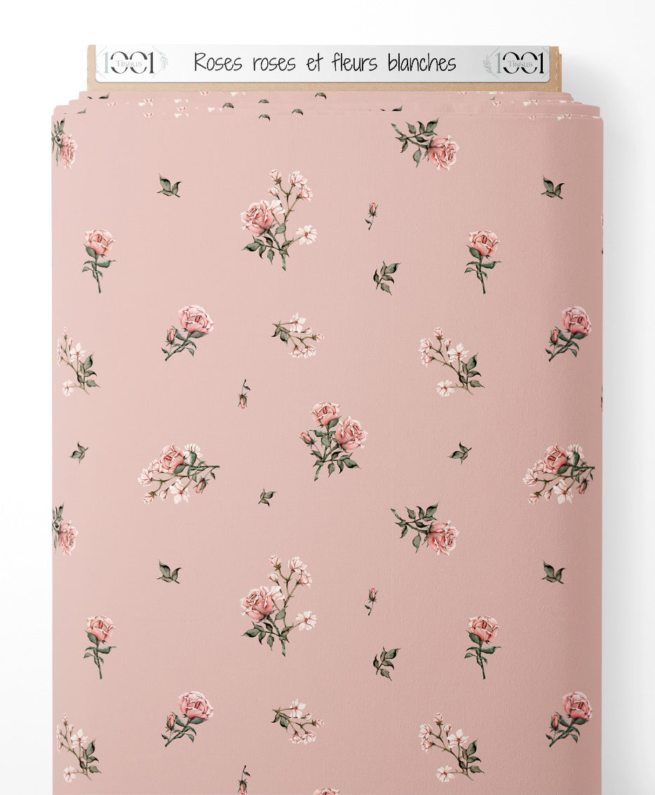 Tissu - Roses roses et fleurs blanches