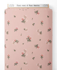 Tissu - Roses roses et fleurs blanches