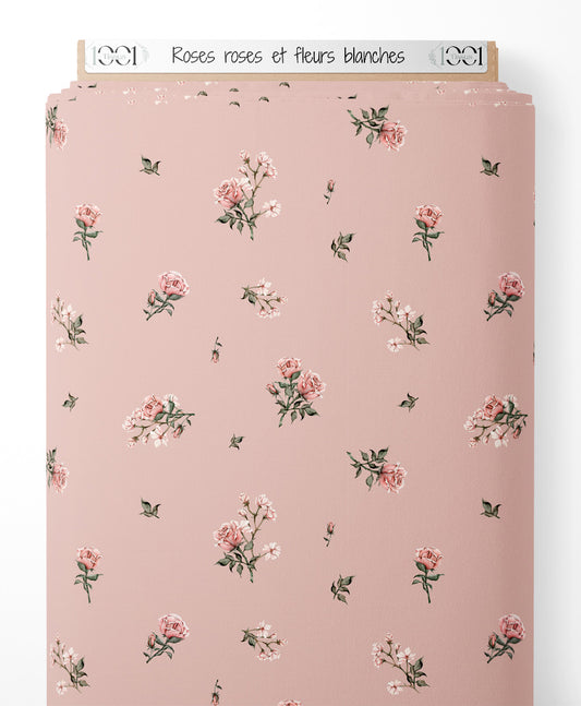 Tissu - Roses roses et fleurs blanches