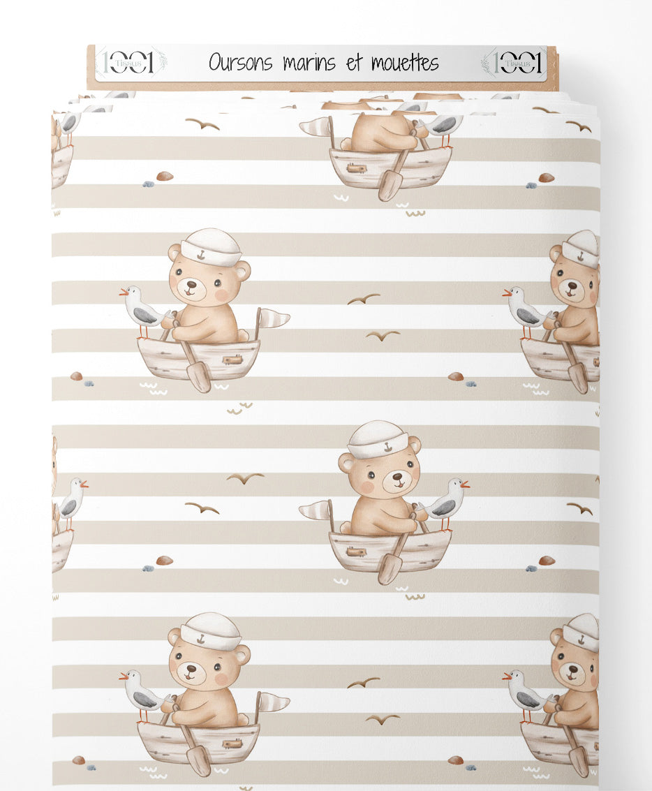 Tissu - Oursons marins et mouettes