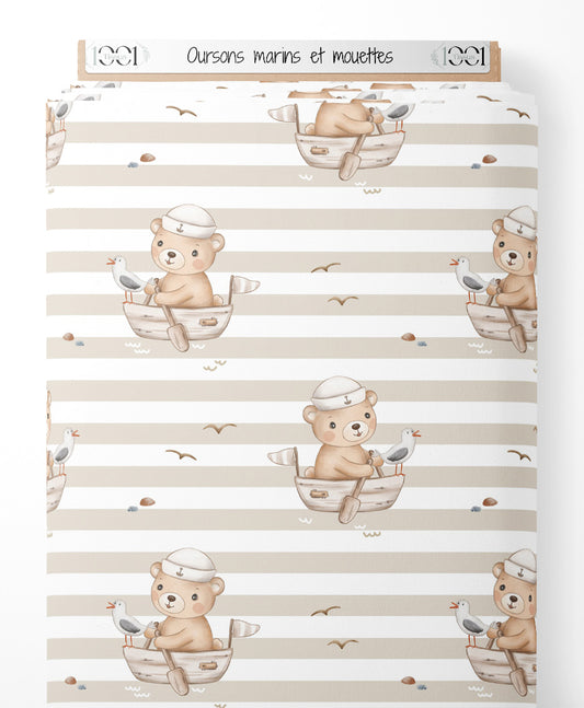 Tissu - Oursons marins et mouettes