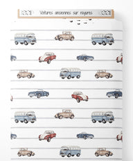 Tissu - Voitures anciennes sur rayures