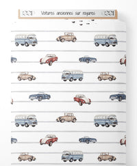 Tissu - Voitures anciennes sur rayures