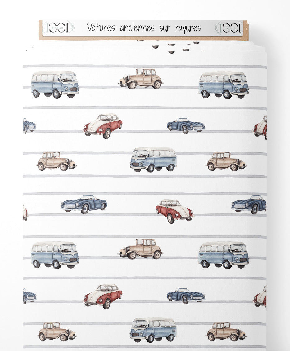 Tissu - Voitures anciennes sur rayures