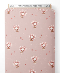 Tissu - Petits personnages fleurs roses