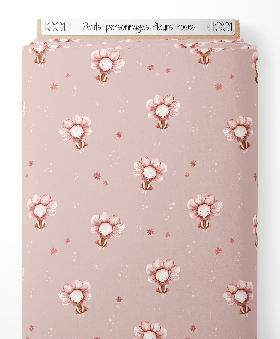 Tissu - Petits personnages fleurs roses