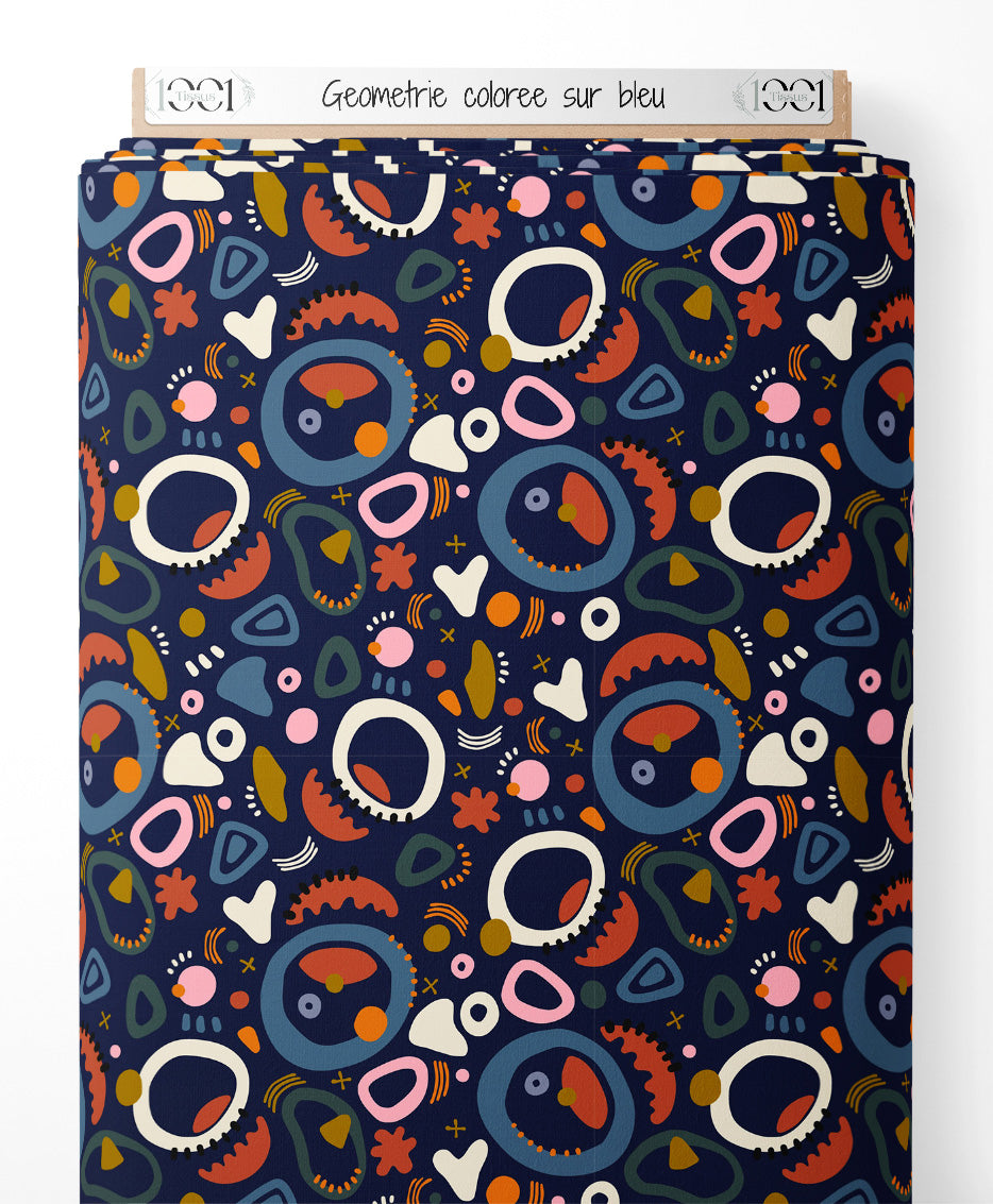 Tissu - Géométrie colorée sur bleu