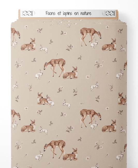 Tissu - Faons et lapins en nature