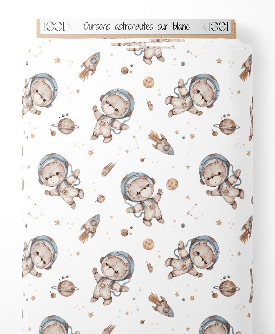 Tissu - Oursons astronautes sur blanc