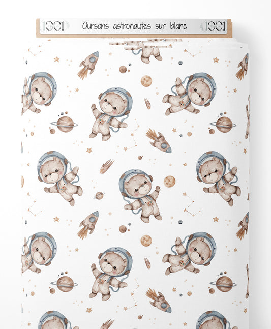 Tissu - Oursons astronautes sur blanc