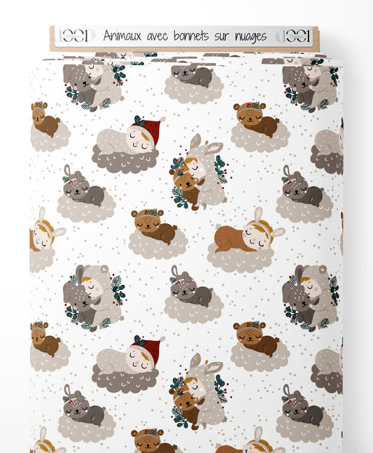 Tissu - Animaux avec bonnets sur nuages