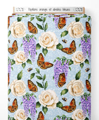 Tissu - Papillons orange et abeilles bleues