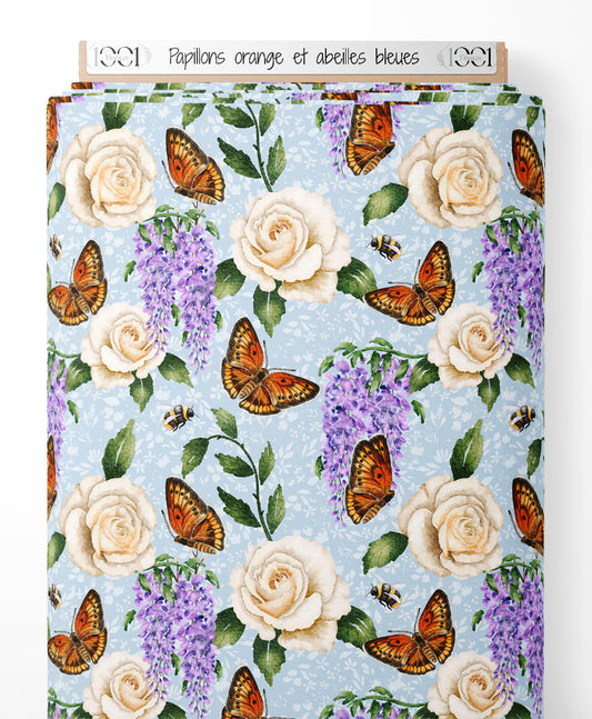 Tissu - Papillons orange et abeilles bleues