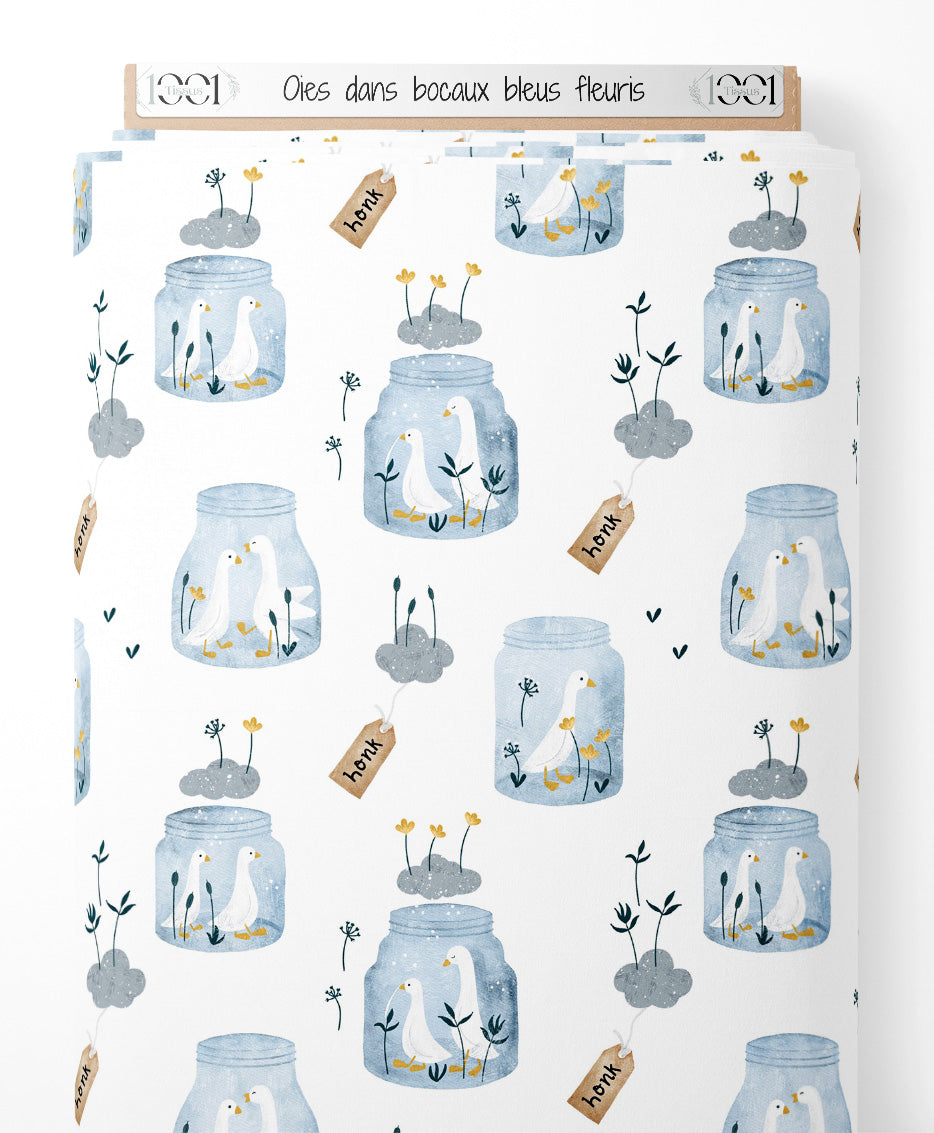 Tissu - Oies dans bocaux bleus fleuris