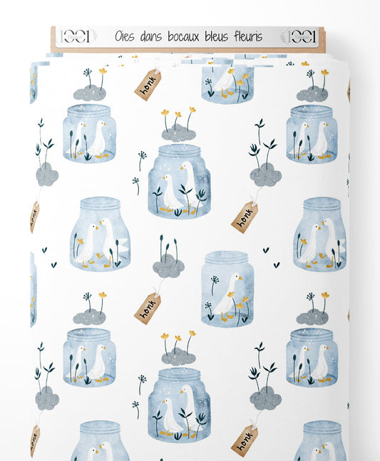 Tissu - Oies dans bocaux bleus fleuris