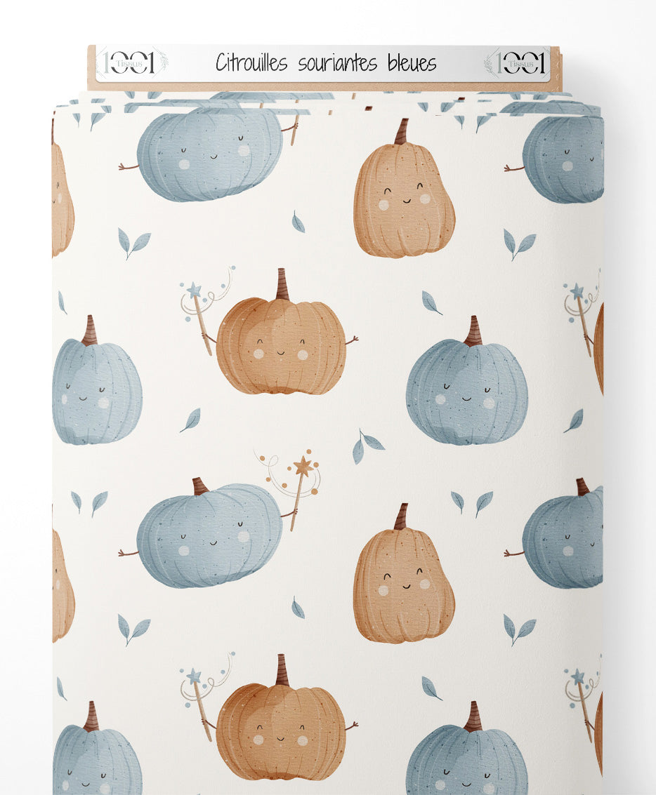 Tissu - Citrouilles souriantes bleues