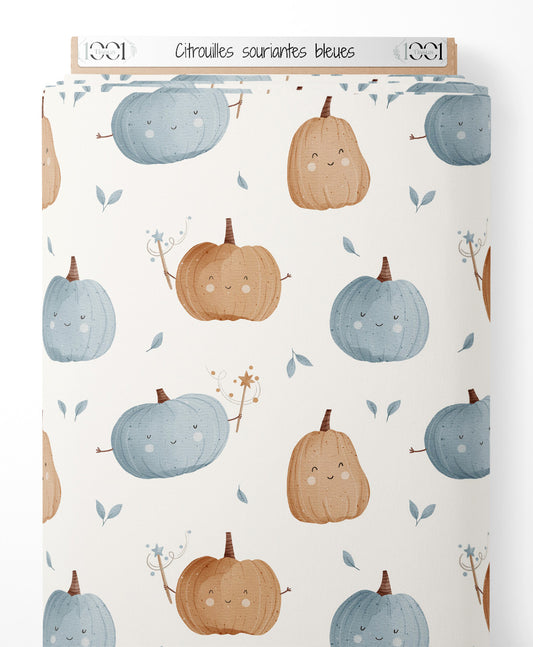 Tissu - Citrouilles souriantes bleues