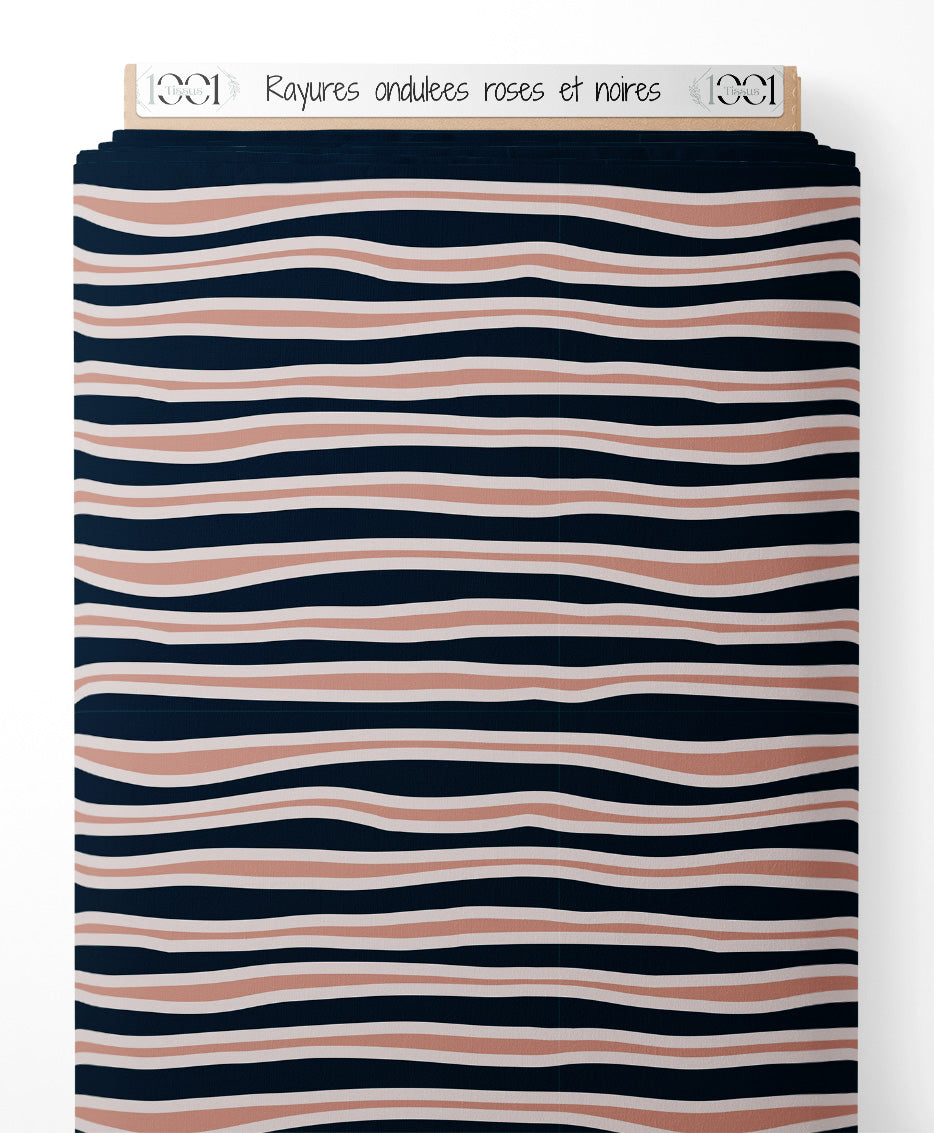 Tissu - Rayures ondulées roses et noires
