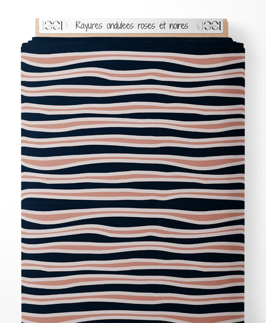 Tissu - Rayures ondulées roses et noires
