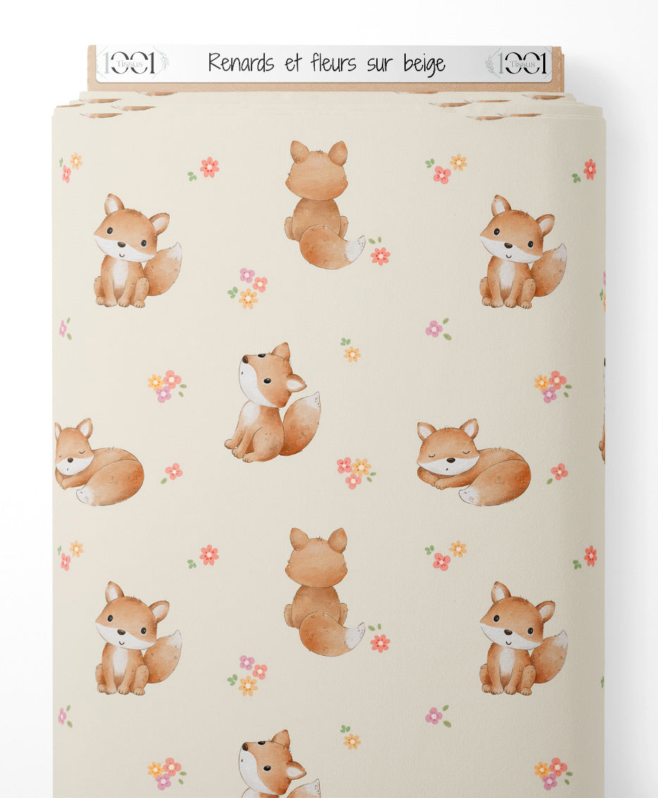 Tissu - Renards et fleurs sur beige
